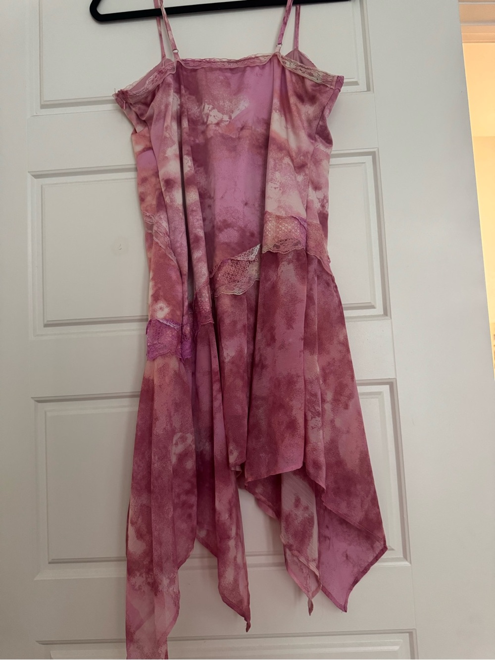 Asymmetrical Pink Tie-Dye Lace Trim Slip Dress - Picture 5 of 5